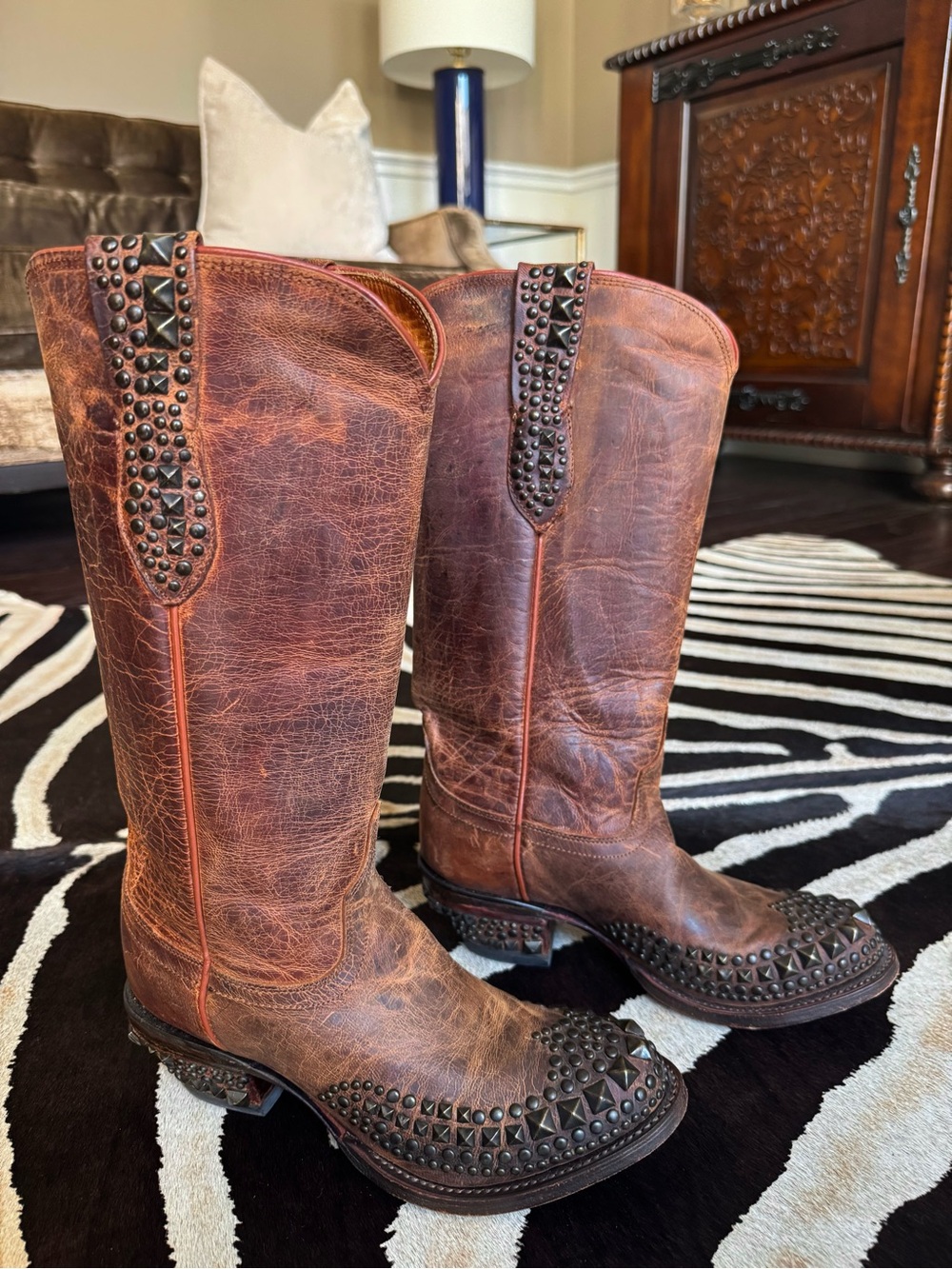Lucchese Brown Studded Knee-High Heeled Boots